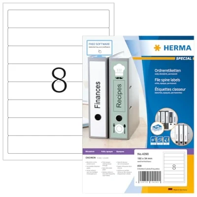 Abbildung von HERMA 4290 Ordnerrücken Etiketten kurz schmal, 1400 Blatt, 192 x 34 mm, 8 pro A4 Bogen, 11200 Stück, selbstklebend, bedruckbar, blickdicht, blanko Papier Ordneretiketten Rückenschilder Aufkleber, weiß