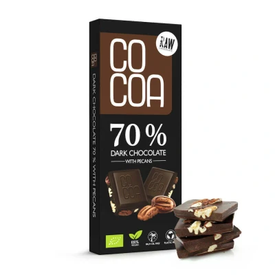 Abbildung von dunkle Schokolade 70% mit BIO Pekannüssen 40 g, ohne weißen raffinierten Zucker, ROH aus ungerösteten Kakaobohnen, klassische Pekannüssen.