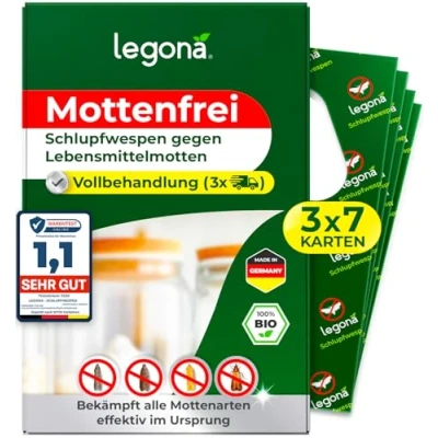 Abbildung von Legona® Schlupfwespen gegen Lebensmittelmotten 7 Karten à 3 Lieferungen Effektive Bekämpfung von Lebensmittel Motten Alternativer Mottenschutz zu Mottenfalle Lebensmittel, Mottenspray