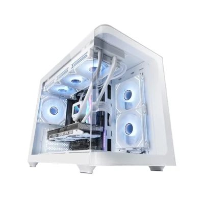 Abbildung von MARSGAMING MC FUSIONM, Gaming Micro ATX Gehäuse, Seitliches Fenster &amp; Gebogenes Frontglas Gehärtetem Glas, PC Minitower Doppelkammer, Flüssigkeitskühlung Unterstützung, Optimierter Innenraum, Weiß