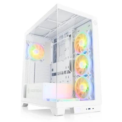 Abbildung von Gaming PC Gehäuse VITRUM PRO Midi Tower, aRGB Beleuchtung (inkl. Steuerung), Glas Seitenteil, vormontierte Lüfter, ATX, mATX, Mini ITX, weiß