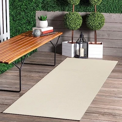 Abbildung von Jimri In &amp; Outdoor Teppich Wetterfester für Balkon, Terrasse, Garten, Wohnzimmer, Küche Strapazierfähiger Bodenteppich, Widersteht UV Strahlen Wasser Größe 60 x 180 cm, Weiß