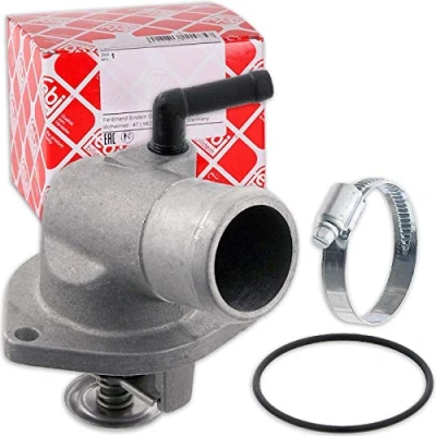 Abbildung von FEBI BILSTEIN 28349 Kühlwasserthermostat 92, 107 mit Schlauchklemme, Dichtring OPEL: Astra G Caravan, Zafira A, CC