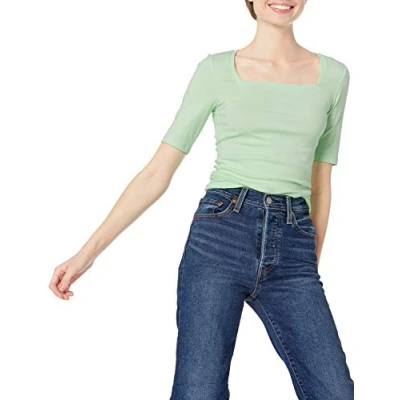 Abbildung von Amazon Essentials Damen Halbarm T Shirt mit eckigem Ausschnitt in schmaler Passform, Grün, XS