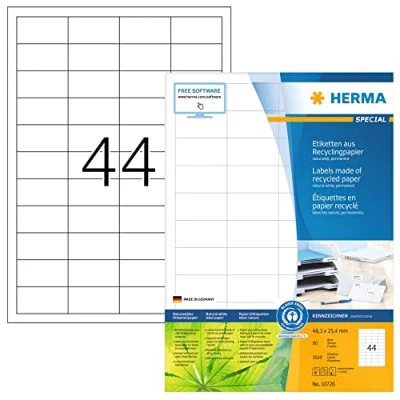 Abbildung von HERMA 10726 Recycling Etiketten, 80 Blatt, 48,3 x 25,4 mm, 44 pro A4 Bogen, 3520 Stück, selbstklebend, bedruckbar, matt, blanko Papier Klebeetiketten Aufkleber, natur weiß