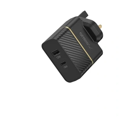Abbildung von OtterBox Dual Port UK Ladegerät 30W, USB C PD 18W + A 12W, Schnelllade Gerät für Smartphone und Tablets, Sturzgeschützt Robust, Schwarz