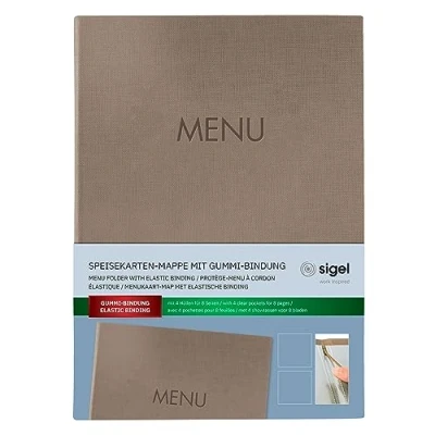 Abbildung von SIGEL SM210 Speisekarten Mappe A4, Gummi Bindung, beige mit Leinenstruktur, strapazierfähig und leicht abwischbar