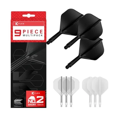 Abbildung von Target Darts K Flex Integrated Dart Flights and Shafts, Kurzer Stiel (19 mm), Nr. 2 Flug, 9er Pack, Schwarz, Weiß &amp; Klar