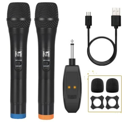 Abbildung von ALPOWL Kabelloses Mikrofon, UHF Dual Cordless Dynamic Mic System, Hand Karaoke Mikrofon mit wiederaufladbarem Empfänger (Auto Connect, 200 Fuß Reichweite) für Gesang, Kirche, Rede, Hochzeit, Party