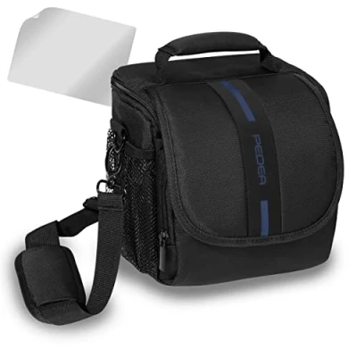 Abbildung von PEDEA DSLR Kameratasche &quot;Essex&quot; mit Displayschutzfolie für Olympus E M5 Mark II Pen PL8 PL9 / Canon EOS M50 Nikon D5600 D7500 Panasonic G9 G70 G81 GX8 Fujifilm X T3 T100, M schwarz/blau