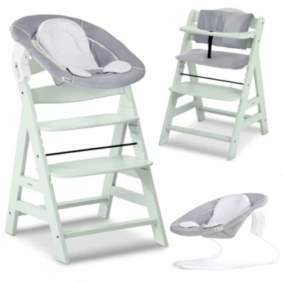 Abbildung von hauck Hochstuhl Alpha Plus Newborn Set mit 2in1 Bouncer Mitwachsender Holz Babyhochstuhl ab Geburt, inkl. Sitzauflage &amp; Neugeborenenaufsatz Mint