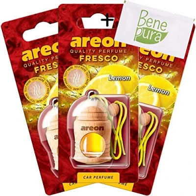 Abbildung von AREON Auto Lufterfrischer Parfüm Fresko 4 ml Zitrone Duft Hängende Flasche Diffusor mit Echtholzdeckel, langlebig, Set von 3