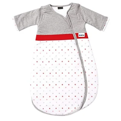Abbildung von Gesslein 773167 Bubou Babyschlafsack mit abnehmbaren Ärmeln: Temperaturregulierender Ganzjahreschlafsack, Baby/Kinder Größe 110 cm, grau meliert/Sterne rot