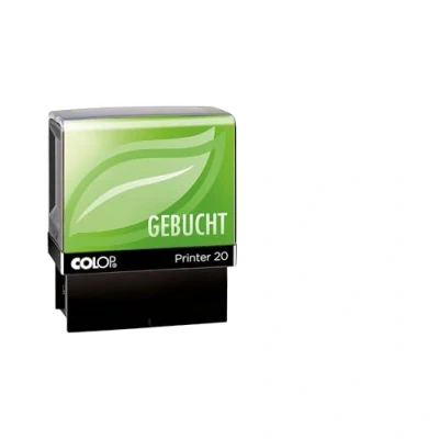 Abbildung von COLOP Printer 20 Text Stempel Green Line GEBUCHT, Abdruck schwarz, nachhaltig aus überwiegend recyceltem Kunststoff produziert. Fertigstempel mit Lagertext und schwarzem Kissen