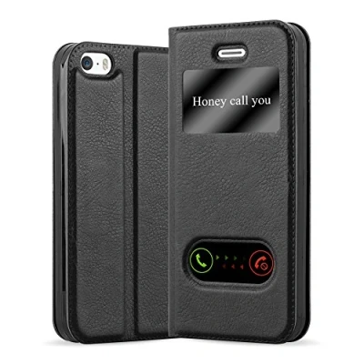 Abbildung von Cadorabo Hülle kompatibel mit Apple iPhone 5 / 5S SE 2016 Sichtfenster aus Kunst Leder Flip Klappbare Magnetische [Kartenfächern] Cover für Tasche in Schwarz