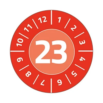 Abbildung von AVERY Zweckform 80 Prüfplaketten mit Jahreszahl 2023 (widerstandsfähig, stark selbstklebend, Ø 30 mm, Prüfaufkleber, beschriftbare Prüfsiegel aus Vinyl Klebefolie) Art. 6944 2023, rot
