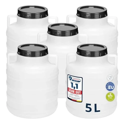 Abbildung von Garronda Set 5x 5 Liter Weithalsfass BPA frei Futtertonne Fass Universalfass Lebensmittel Regenfass für Garten Regentonne mit Deckel Regenwassertonne Wassertonne GD 0125, Weiß