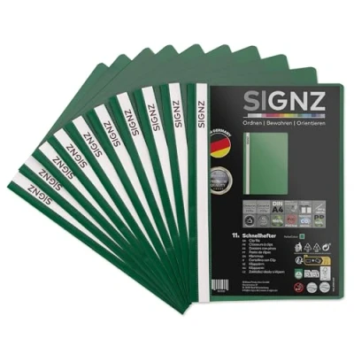 Abbildung von SIGNZ Schnellhefter DIN A4, stabil, 11 Stück, grün, transparenter Deckel, CO2 neutral hergestellt, aus recycelbarem Kunststoff (PP), FSC Mix 70%, made in Germany