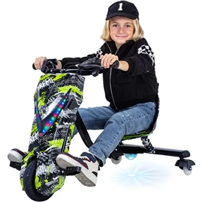 Abbildung von Actionbikes Motors Kinder Elektro Driftscooter 𝟐𝟓𝟎 Watt Motor Drift Cart 360 3 Geschwindigkeitsstufen LED Beleuchtung Sitz verstellbar Bluetooth Kart Auto (Grün Polo)