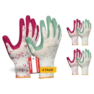 Abbildung von Gebol Flower Duo 4 Paar Größe M (Gr. 8) Gartenhandschuh &amp; Arbeitshandschuh im Doppelpack mit Blumenmuster weiche Latex Beschichtung für guten Grip Damen Rot Grün