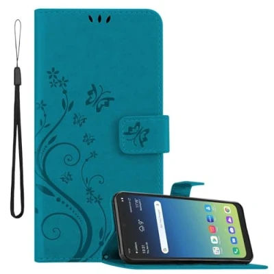 Abbildung von Cadorabo Hülle kompatibel mit LG K40S Blumen Design aus Premium Kunst Leder Flip Klappbare Stoßfeste Magnetische [Standfunktion] [Kartenfächern] Cover Case für Tasche in Blau
