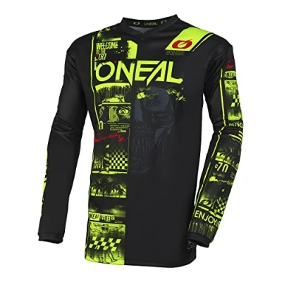 Abbildung von O&#039;NEAL Motocross Shirt Langarm MX MTB Mountainbike Passform für Maximale Bewegungsfreiheit, Eingenähter Ellbogenschutz Element Jersey Attack V.23 Erwachsene Schwarz Neon Gelb Größe XL