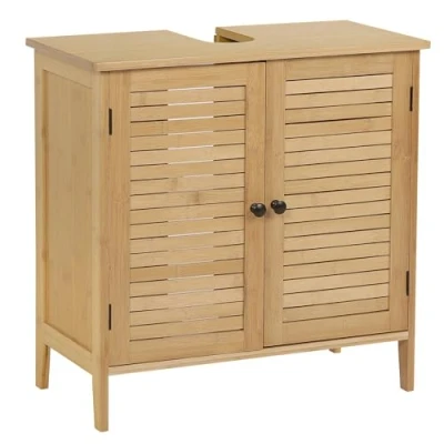 Abbildung von eSituro SBP0025 Waschbeckenunterschrank Badschrank mit Siphonausschnitt Waschtischschrank Badzimmerschrank Badregal Stehschrank Aufbewahrungsschrank verstellbare Ebene aus Bambus Natur