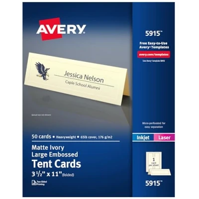 Abbildung von AVERY Bedruckbare große Zeltkarten, 8,9 x 27,9 cm, elfenbeinfarben mit geprägtem Rand, 50 leere Tischkarten für Laser oder Tintenstrahldrucker (05915)