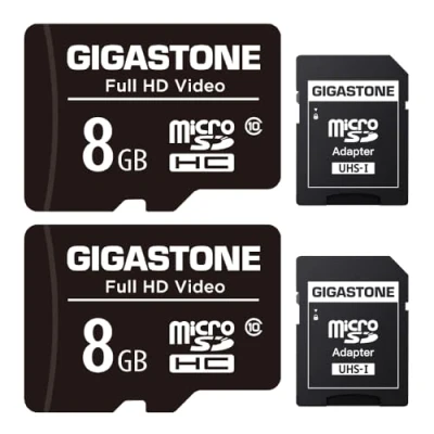 Abbildung von Gigastone 8GB MicroSDHC Speicherkarte 2er Pack + SD Adapter, für Action Kamera, GoPro, Drohne und Tablet, Lesegeschwindigkeit bis zu 80MB/s, Full HD Videoaufnahme, Micro Karte UHS I Klasse 10 U1