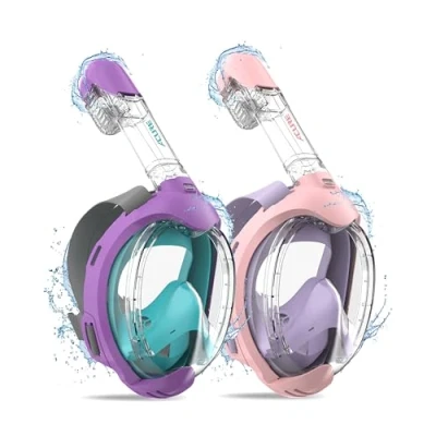 Abbildung von ACURE Schnorchelmaske für Kinder CO2 sichere Tauchmaske Schwimmanfänger im Alter von 3 8 Jahren Anti Beschlag &amp; Trockenoberteil Schnorchel Vollmaske (2 PCS, Violett Rosa Blau)
