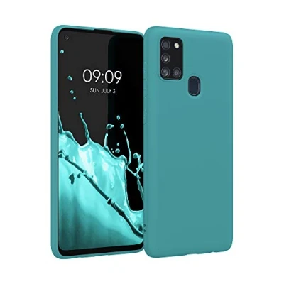 Abbildung von kwmobile Hülle kompatibel mit Samsung Galaxy A21s weiches TPU Silikon Case Cover geeignet für kabelloses Laden Petrol matt