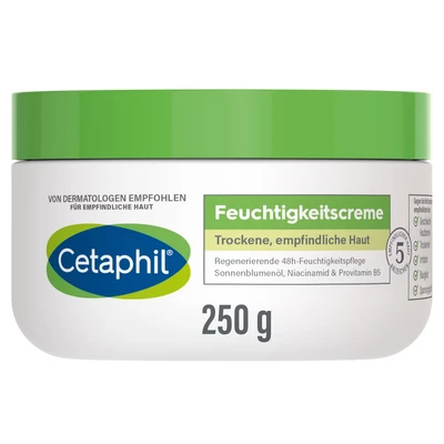Abbildung von CETAPHIL Feuchtigkeitscreme, 250g, Für trockene, empfindliche Haut, Spendet intensiv 48h Feuchtigkeit und stärkt die Widerstandskraft, Mit Vitamin B3, Provitamin B5, Sonnenblumenöl, Mandelöl, Glycerin