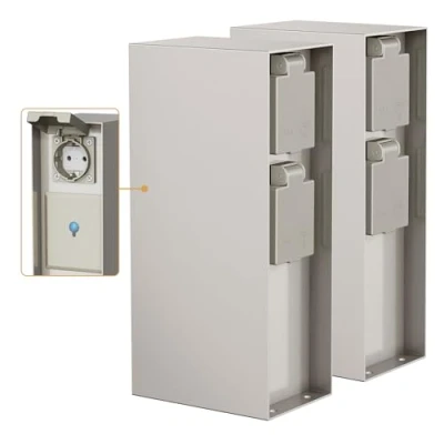 Abbildung von ledscom.de 2 Stück Garten Steckdosensäule POMI für außen, IP44, Smart Home, WLAN, Alexa, 3 Fach, Edelstahl, eckig, 23 cm