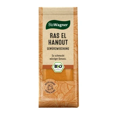 Abbildung von BioWagner Bio Ras el Hanout, Gewürzmischung für orientalische und arabische Gerichte, ideal Couscous, Tajine oder Hummus, naturbelassene Zutaten, recyclebare Verpackung, 50 g