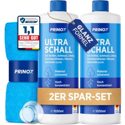 Abbildung von PRINOX® Ultraschallreiniger Konzentrat 2x 1030ml inkl. Mikrofasertuch I Extrem ergiebig Für 700 Bäder je Flasche Brille, Schmuck, Gebiss, Kleinteile Ultraschallgeräte, Ultraschallbad