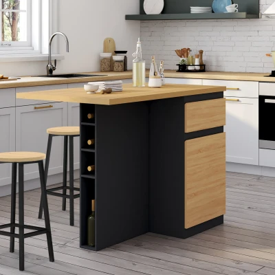 Abbildung von Mittelinsel TINO 120 cm mit Flaschenablage 4 Personen schwarzes Holz Arbeitsplatte in Buchenholzoptik IDMarket