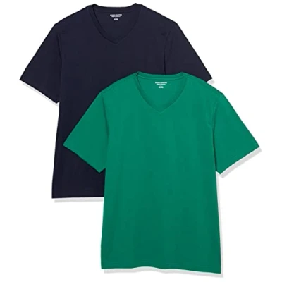 Abbildung von Amazon Essentials Herren Kurzärmelige T Shirts mit V Ausschnitt, 2er Pack, Marineblau/Grün, L