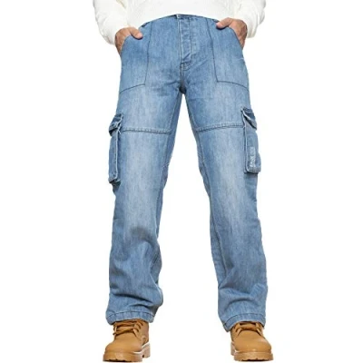 Abbildung von Enzo Herren Combat Jeans Casual Cargo Arbeitshose Denim Hose Groß Tall All Waist, Light Stone Wash, 34 W/34 L