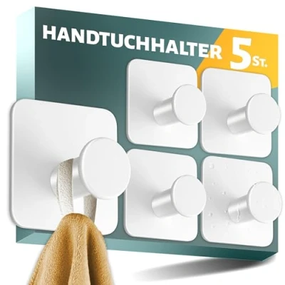 Abbildung von Menz Handtuchhalter ohne Bohren, 5er SET Stilvolle weiße Haken selbstklebend mit 3M Spezial Klebe Pads Moderne Klebehaken ideal als Wandhaken, Handtuchhaken Bad rostfrei