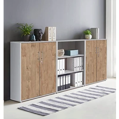 Abbildung von moebel dich auf Schrankwand TABOR 9 Büroregal Aktenschrank Büroschrank abschließbar in diversen Farbvarianten (lichtgrau/Gold Harbor Oak, 4 türig)