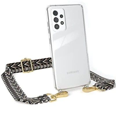 Abbildung von EAZY CASE Handykette Verstellbarer Gurt kompatibel mit Samsung Galaxy A52 / 5G A52s 5G, Schulterriemen, Flache Kordel, Handykordel Hülle, Hülle Kette, Grau/Schwarz Metall Gold