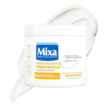 Abbildung von Mixa Niacinamide Correction Eclat Creme Feuchtigkeitscreme gegen Flecken mit Sheabutter, Niacinamid und Vitamin C geeignet für Gesicht, Körper Hände hypoallergen 400 ml