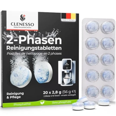 Abbildung von CLENESSO 2 Phasen Reinigungstabletten Kaffeevollautomaten (20 Stück) Kaffeevollautomat kompatibel mit Jura, Siemens, Melitta, uvm. für optimale Reinigung &amp; Pflege