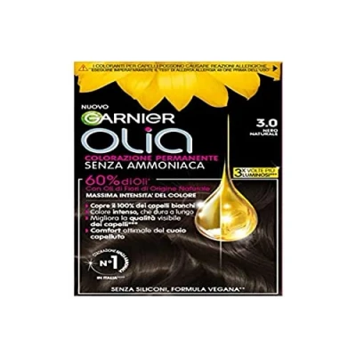 Abbildung von Garnier Olia Midnight Haarfarbe, permanente Färbung ohne Ammoniak, zarter Duft, deckt 100% weißes Haar ab, mit natürlichen Blütenölen Ursprungs, vegane Formel, natürliches Schwarz