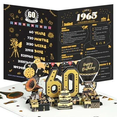 Abbildung von Joyoldelf 60. Geburtstagskarte, 1965 Jahrgang Geburtstag Karte, 3D Pop Up Grußkarten mit Umschlag, Vintage Geschenke für Mann und Frau