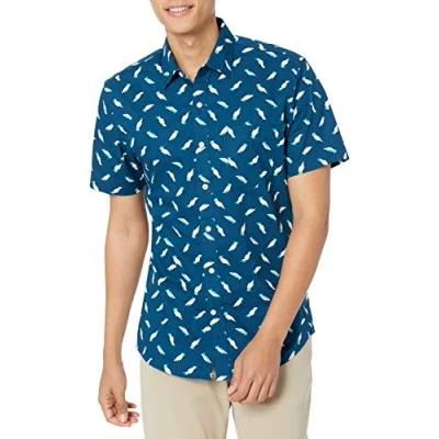 Abbildung von Amazon Essentials Herren Schmal Geschnittenes Bedrucktes Hemd Mit Kurzen Ärmeln Und Knopfleiste, Klassisches Blau Vögel, XL
