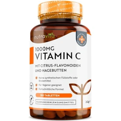 Abbildung von Vitamin C 1000mg hochdosiert 6 Monatsvorrat Mit Bioflavonoide aus der Bitterorange und Hagebutte 180 Tabletten Ohne unerwünschte Zusätze Hergestellt von Nutravita®