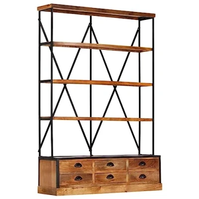 Abbildung von vidaXL Mangoholz Massiv Bücherregal 4 Ebenen 6 Schubladen Bücherschrank Wandregal Standregal Aktenregal Büroregal Regal 122x36x181cm