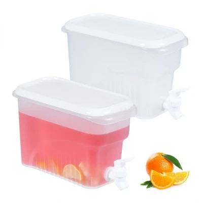 Abbildung von Relaxdays Getränkespender Kühlschrank, 2er Set, 3 l, Wasserspender mit Zapfhahn &amp; Deckel, Kunststoff, transparent/weiß