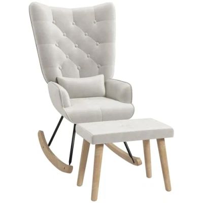 Abbildung von HOMCOM Schaukelstuhl mit Hocker, Relaxsessel Kissen, Samtoptik, Schaukelsessel Holzbeine für Schlafzimmer, Wohnzimmer, 66 x 96 101 cm, Cremeweiß